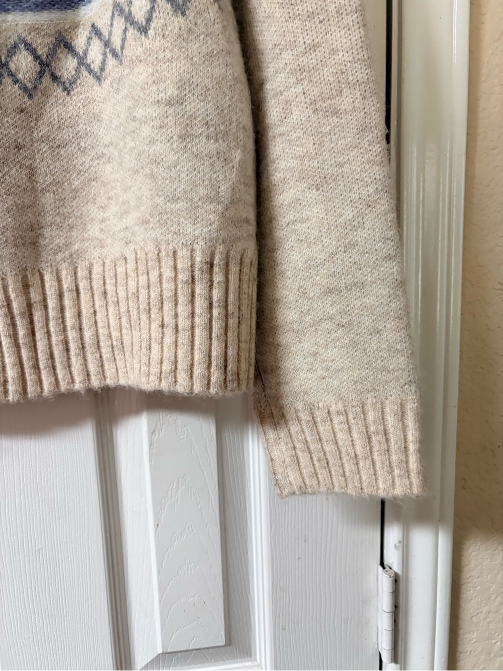 Marled Fair Isle Wool Blend Mock Turtleneck Sweater Cream, blue & tan. Medium - Picture 10 of 14